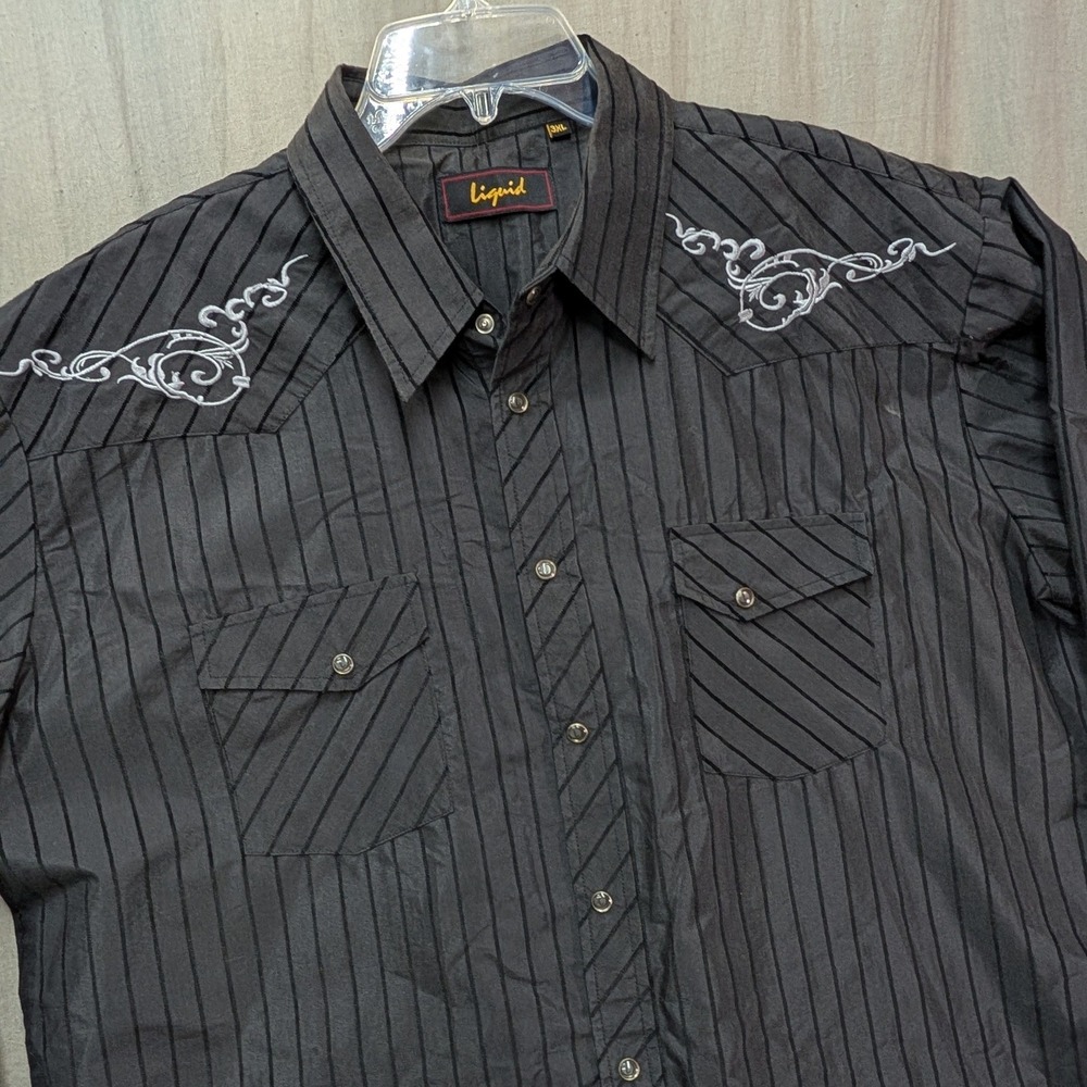 Liquid Mens 3XL Black Pinstripe Western Snap Button Shirt White Embroidery Yoke